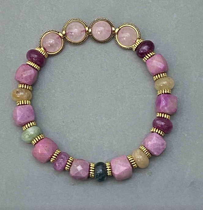 Bracelet with Pink Quartz Beads 8.5mm, Phosphosiderite Cubes 9mm, Tourmaline Rondelles 8x5mm, 18 cm stretch