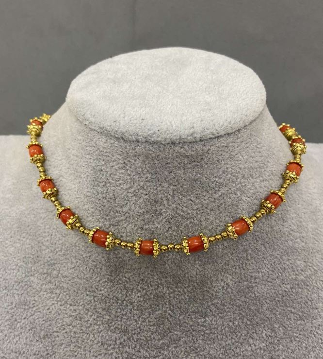 Coral Barrel Choker 6x4.5 mm, Hematite Bead 2 mm, Length 38 cm with 5 cm Extender Chain