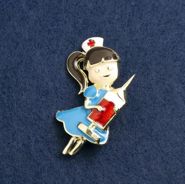 Brooch Nurse enamel blue and red, gold-tone metal 44x25mm