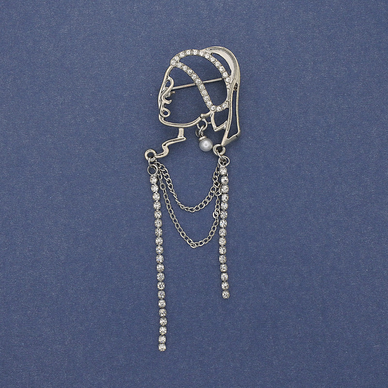 Brooch 'Girl with a Pearl Earring' White Crystals Silver-Tone Metal 85×24 mm+