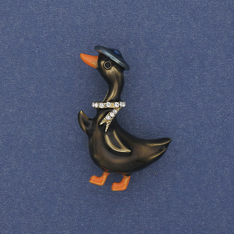 Goose Brooch with Colored Enamel and White Crystals, Golden Metal 40×23 mm+