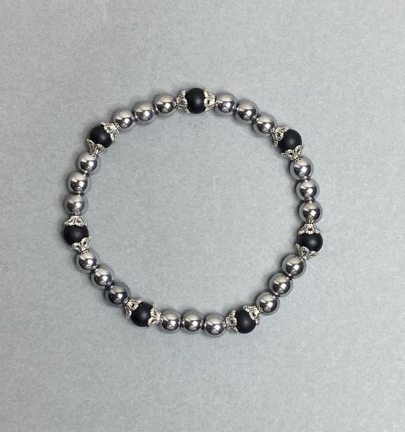 Terahertz and Shungite Bracelet with 6mm Beads ±, Metal Inserts, 18 cm Stretch