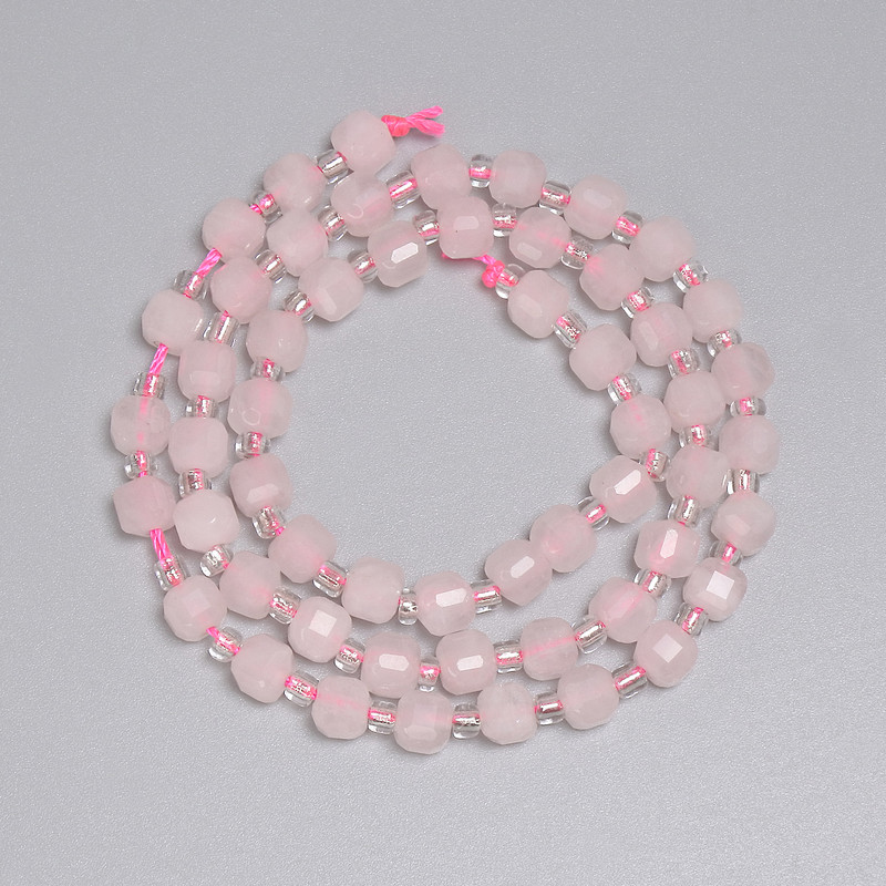 Pink Quartz Faceted Cube Beads 5x5 mm ±, with 3 mm Seed Beads ±, 38 cm ± Length on Thread