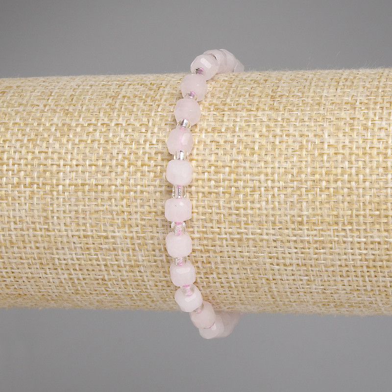 Pink Quartz Bracelet with Faceted Cube Beads, 5x5 mm diameter, 3 mm beads, 18 cm length, elastic