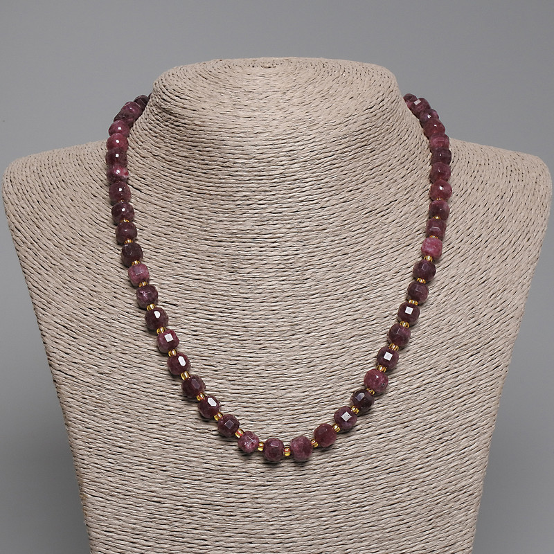Tourmaline Necklace with Faceted Cubes, 7x7 mm diameter, 3 mm seed beads, 45 cm length, with clasp