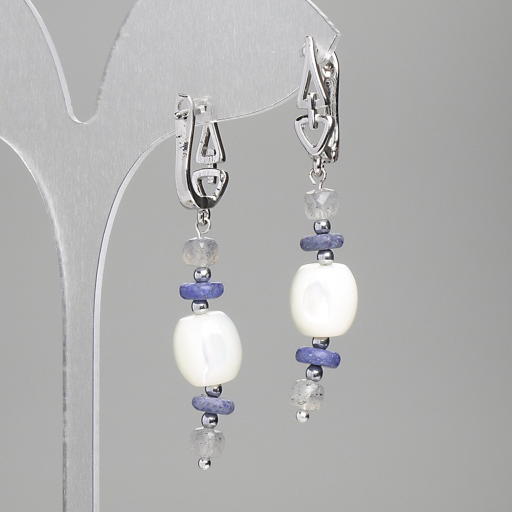Earrings with Mother-of-Pearl Barrel 10x9.5 mm ± Sodalite Rondelle 6x2 mm ± Labradorite Cube 4 mm ±, Length 52 mm