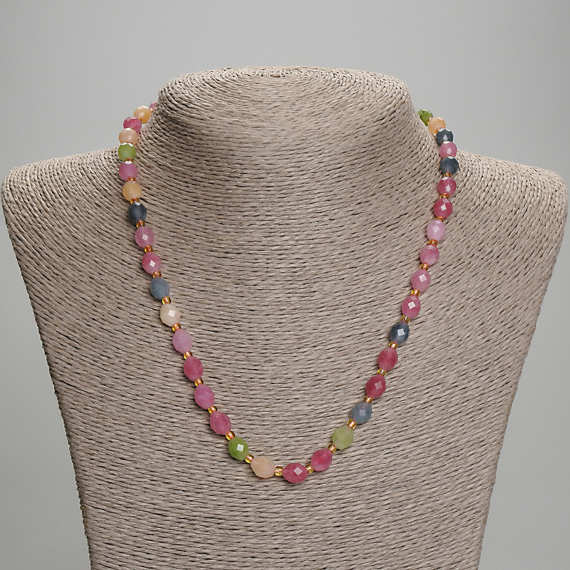 Faceted Tourmaline Grain Bead Necklace, bead diameter 8×6.5 mm, 3 mm seed beads, length about 45 cm with clasp