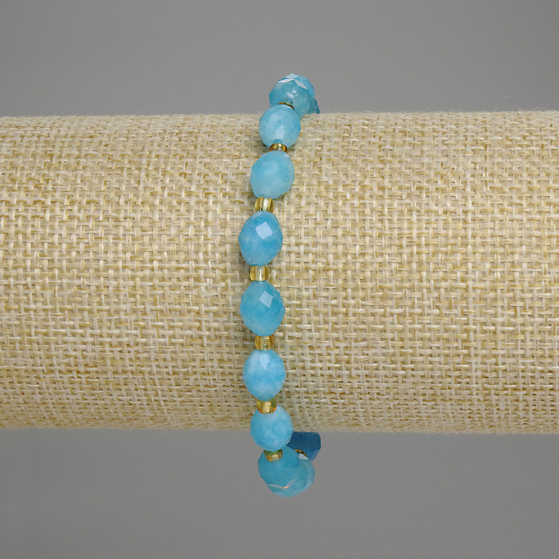 Aquamarine Bracelet with Faceted Beads 8x6 mm +/- Seed Beads 3 mm +/- Length 18 cm