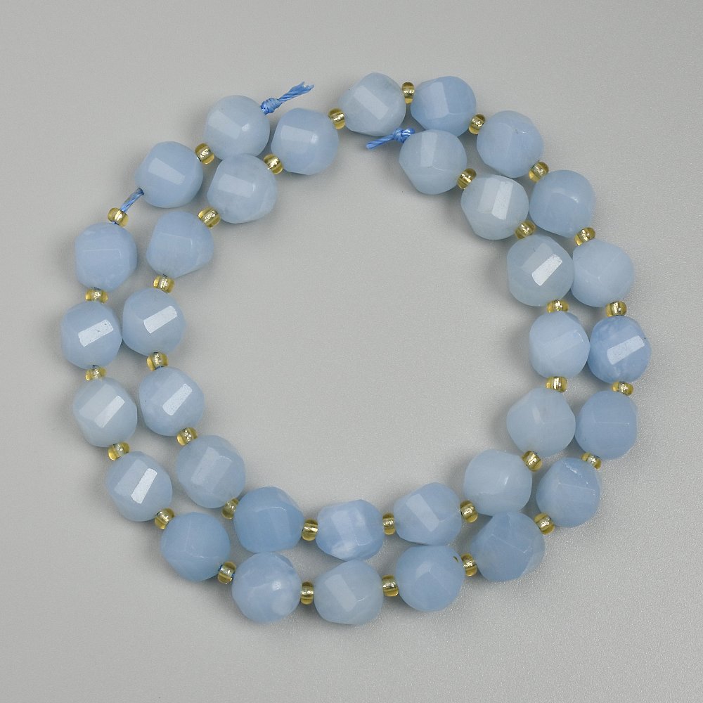 Aquamarine beads, faceted diamond shape, 10x9 mm diameter, 3 mm seed beads, on thread, length about 39 cm+
