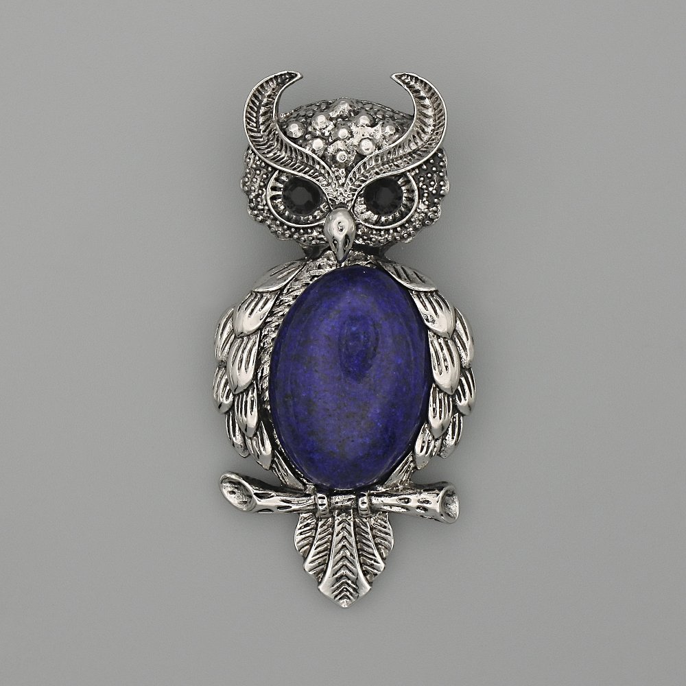 Owl Lapis Lazuli Brooch-Pendant, 60×29 mm, black crystals, silver-colored metal