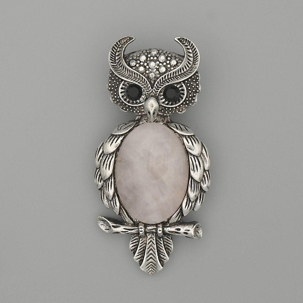 Brooch-Pendant Owl with Rose Quartz 60×29 mm ± black crystals, silver metal