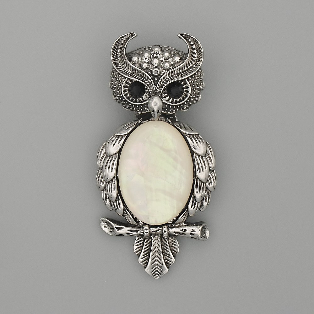 Owl brooch pendant with mother-of-pearl, 60 x 29 mm +/- black crystals, silver-tone metal