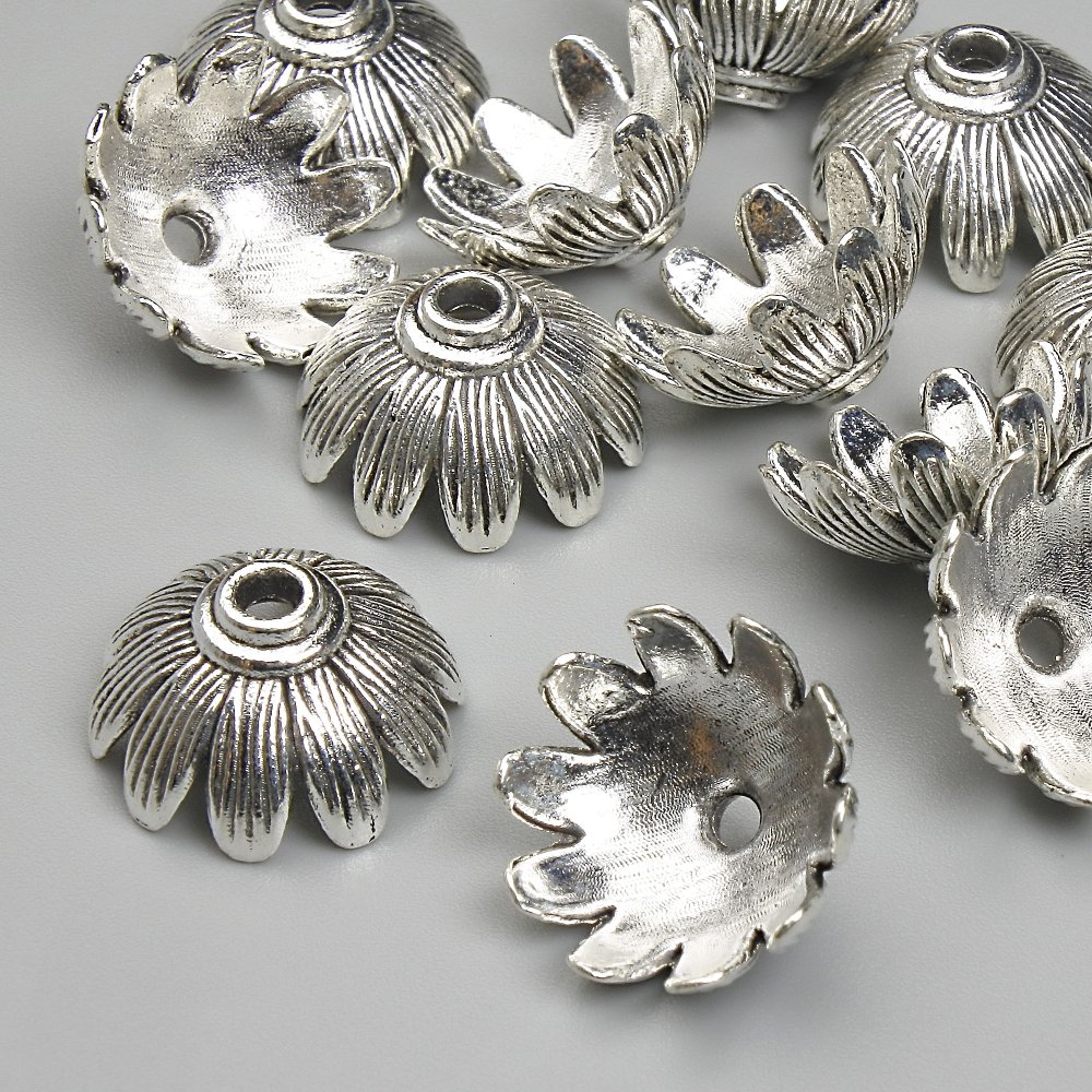 Bead caps for beads, diameter 7×14 mm, hole approx. 2.5 mm, silver-tone metal, pack 20 g (approx. 11 pcs)