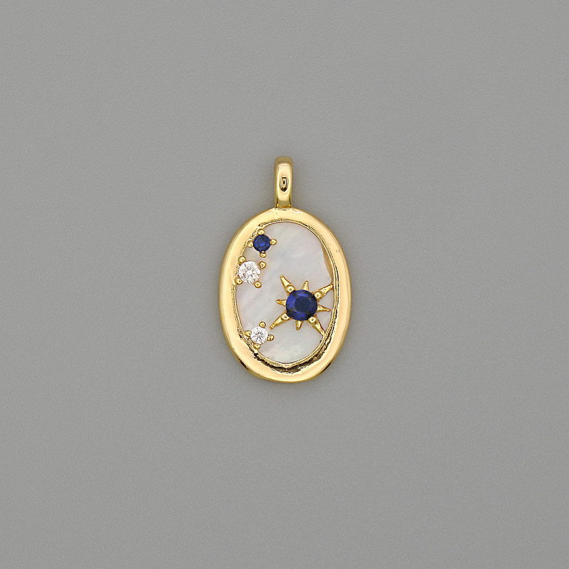Pendant with mother-of-pearl, gold-tone metal, and rhinestones, 23x14 mm