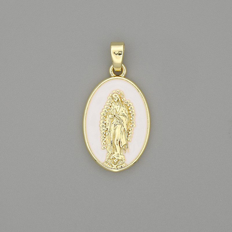 Mother of God Pendant with enamel on golden-tone metal, 29×18 mm diameter