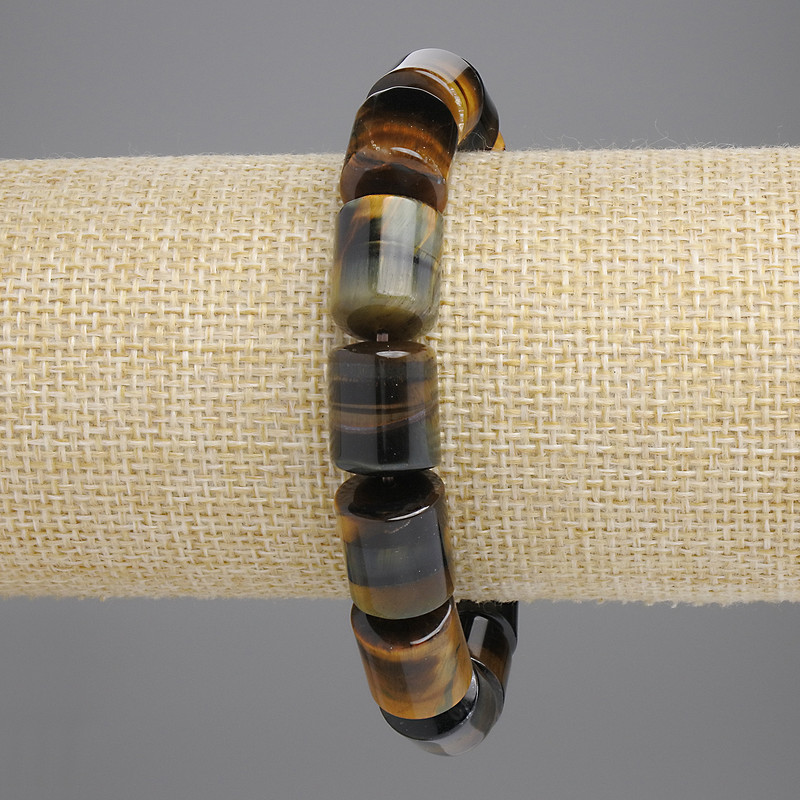 Hawk's Eye Bracelet with Cylindrical Beads, 14×11.5 mm, 5 mm ±, 18 cm length, stretchy