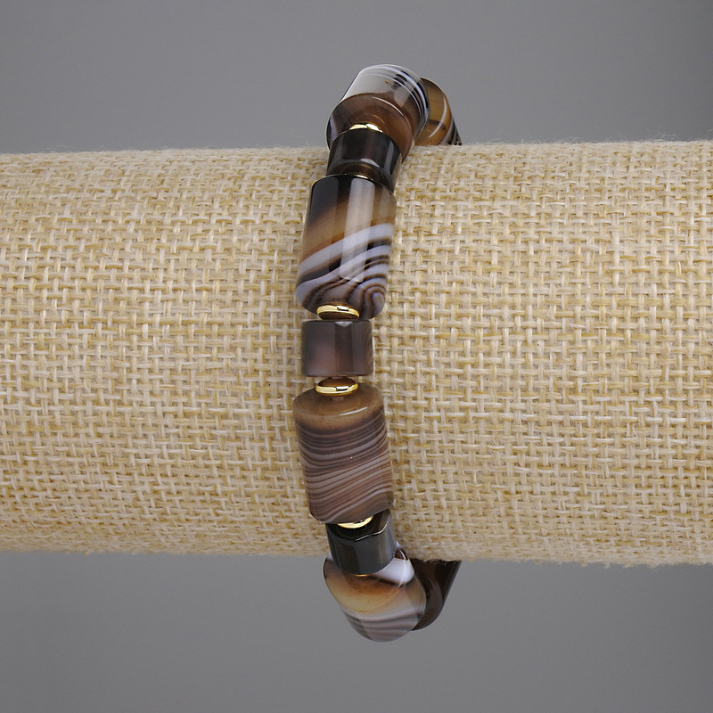 Agate Bracelet with Cylindrical Beads, 14×10 mm ±, 8 pcs; 5×6 mm ±, with metal inserts, length 18 cm ±, elastic
