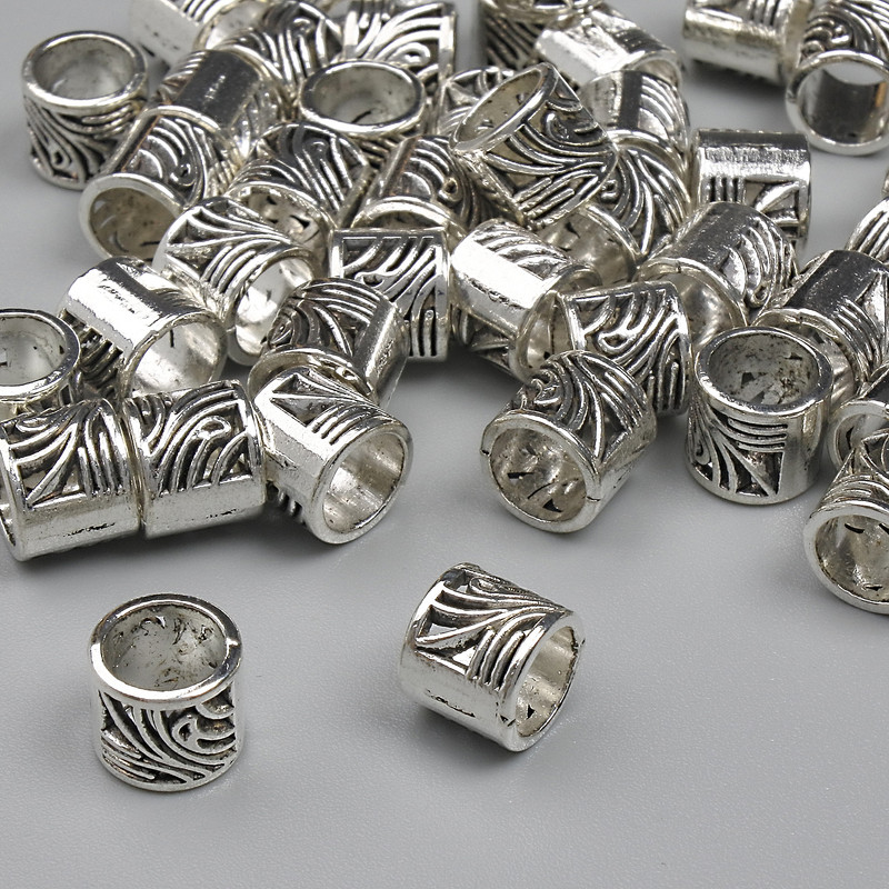 Bead insert findings, silver-colored metal, 6x7 mm, hole diameter about 5 mm, packaging 20 g (~42 pcs)