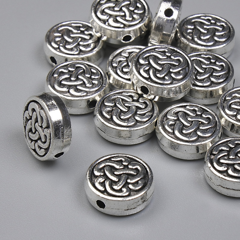 Bead insert, silver-tone metal, diameter 9 mm, hole diameter 1.2 mm, packaging 20 g (~15 pcs)