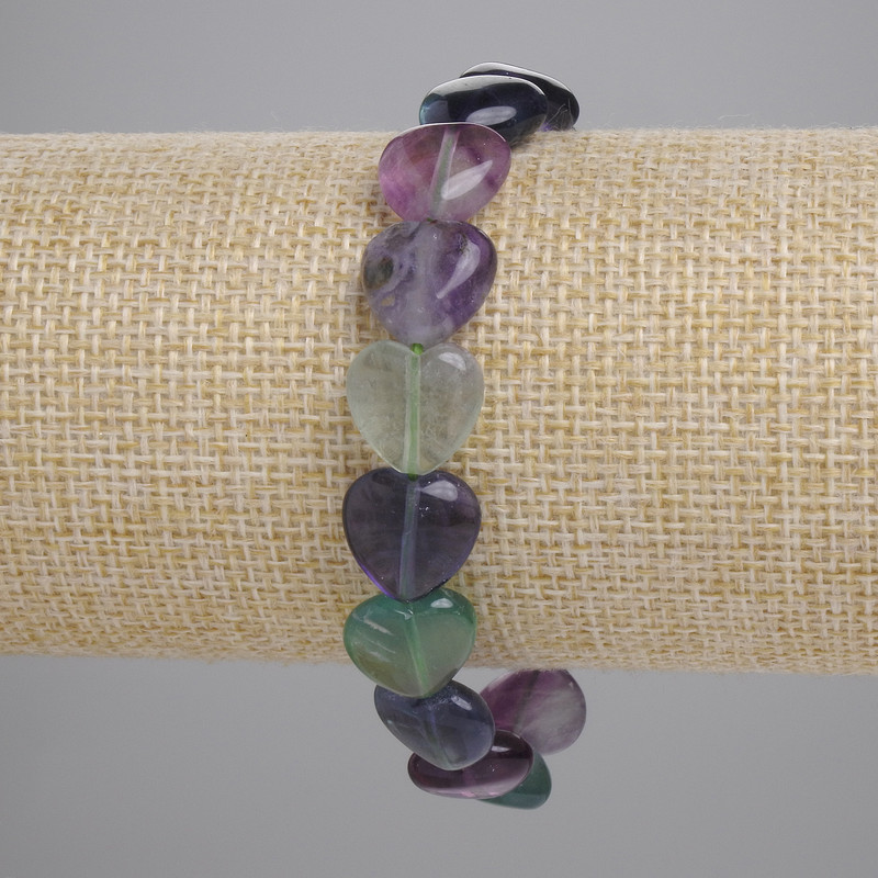 Fluorite heart-shaped bracelet, natural stone, 12 mm diameter, 18 cm length (stretch)