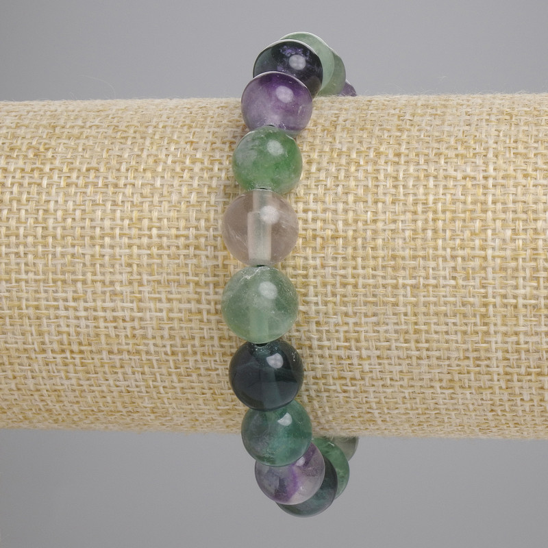Fluorite Bracelet with Natural Stone, Smooth Beads, 10 mm Diameter, approx. 18 cm Long (Stretch)