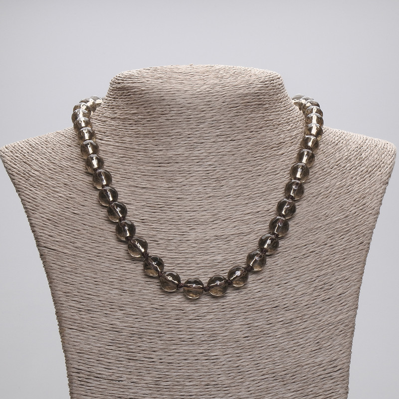 Smoky Quartz Necklace with Faceted Beads, 9 mm Diameter, 45 cm Length, with Clasp