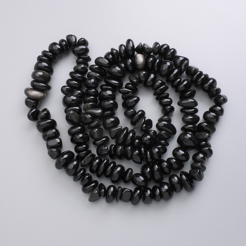 Faceted Silvery Obsidian Beads on Thread, Natural Stone, Diameter 9-13 x 4-7 mm, 80 cm Length