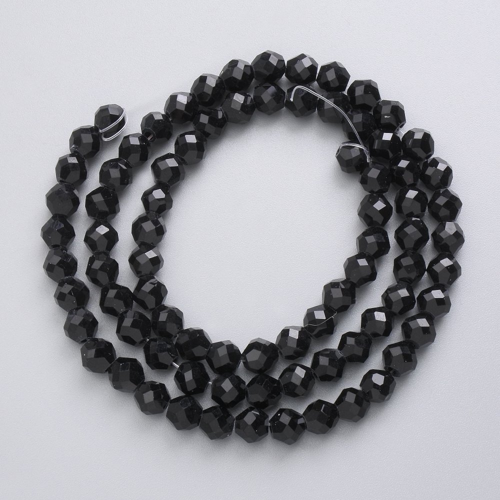 Czech Crystal Beads on Thread, Black Matte Faceted Beads, 5mm Diameter, 40 cm Length +/-