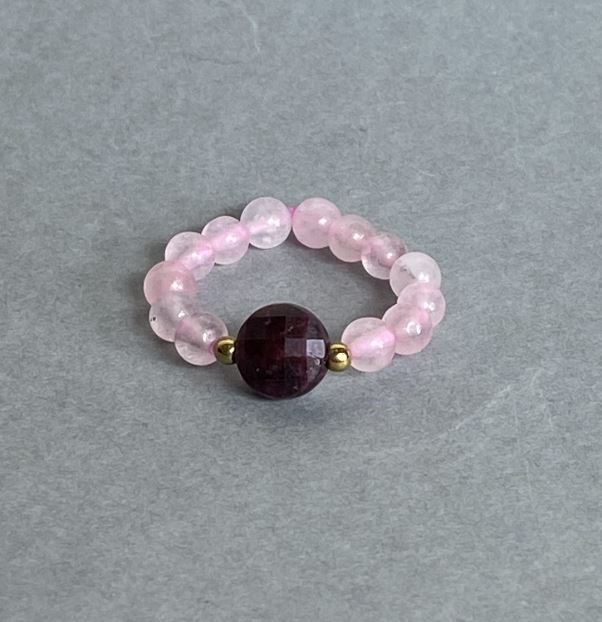 Stud Earring: Smooth Rose Quartz Bead 4 mm ±, Faceted Tourmaline Coin 8 mm ±, Hematite Bead 2 mm ±, Stretch Cord
