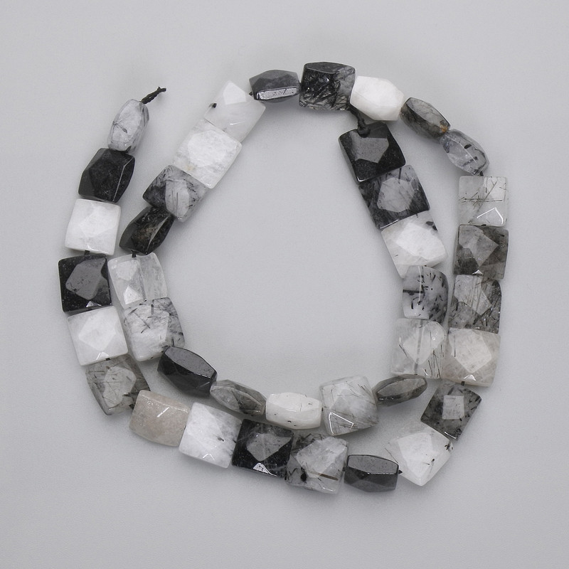 Rutilated Quartz Beads 'Hair Quartz' Faceted Square, 9–10×9–10 mm, 39 cm on thread