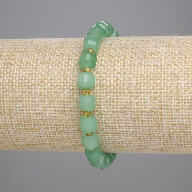 Faceted Jade Cube Bracelet, 6.5 x 6.5 mm cubes, 3 mm seed beads between, length 18 cm, on elastic