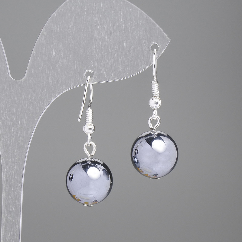 Hematite Earrings, Smooth Ball, 12 mm diameter, 33 mm length