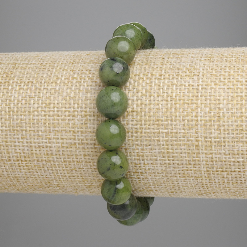 Jadeite Bracelet with Smooth Beads, 10 mm Diameter, 18 cm Length, Elastic