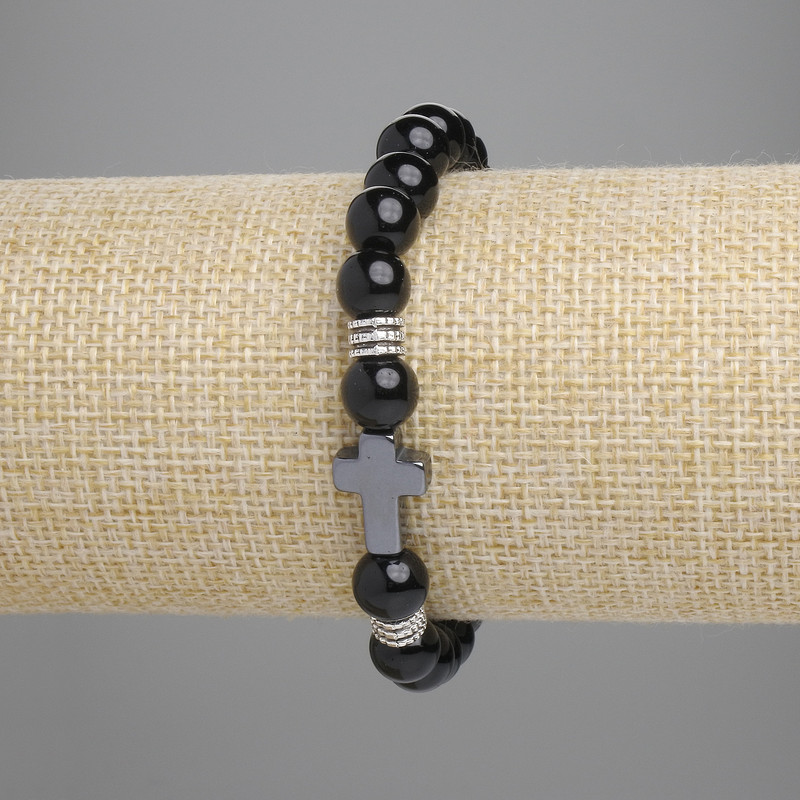 Agate Bracelet with Smooth Beads, 8 mm Diameter; Hematite Cross 14x10 mm; Length 18 cm; Stretch