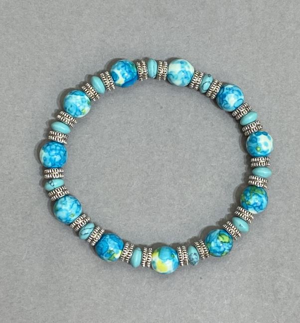 Variscite Bracelet with Smooth 8mm Beads and Turquoise Rondelles 6x3mm, with Metal Inserts, 18 cm Long, Elastic