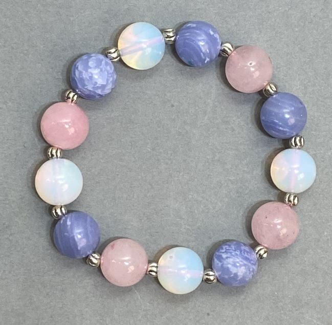 Assortment Bracelet (Opalite, Agate, Rose Quartz) Bead, 12 mm diameter ± with metal inserts, 18 cm length ± stretch