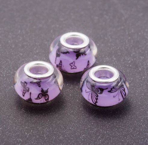 Pandora Bead Purple 'Butterfly' Plastic, 13mm diameter, 5mm hole, pack of 11