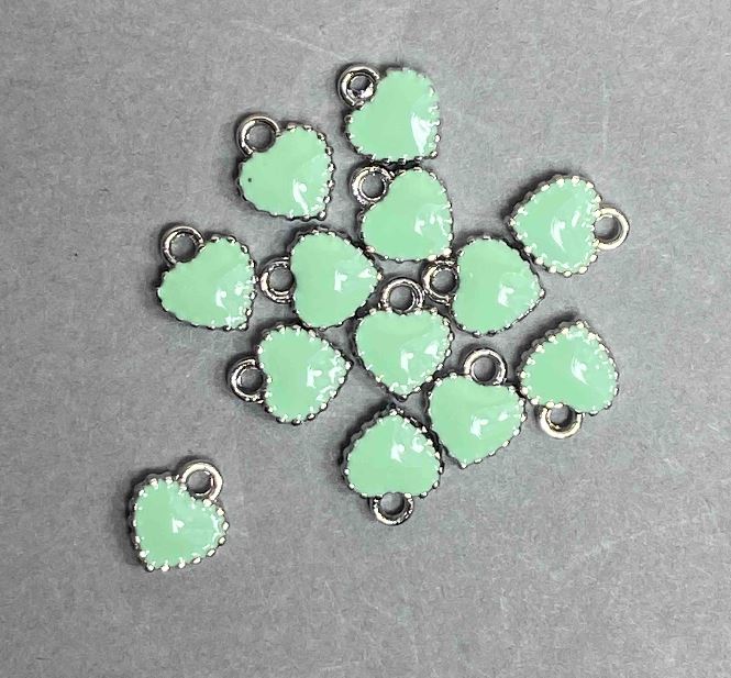 Heart-Shaped Pendant with Lime Enamel, Silver-Tone Metal, 7×8 mm, Pack of 13