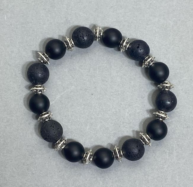 Shungite and Lava Bracelet with Smooth Beads, 10 mm Diameter, with Metal Inserts, 18 cm Length (Stretch)