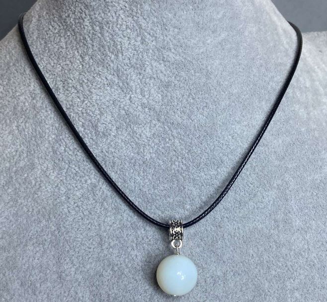Moonstone pendant (opalite) sphere, 13 mm diameter, on cord with 60 cm length + 5 cm chain