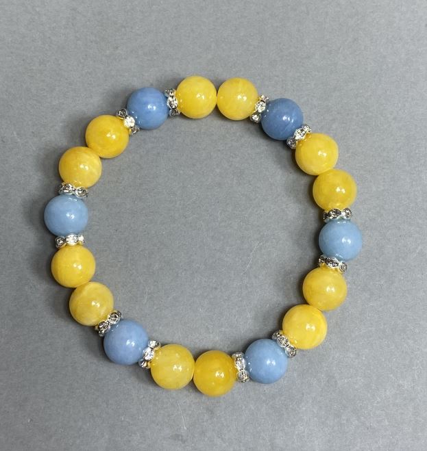 Citrine and Aquamarine Bracelet, Smooth Beads 10mm ±, with Metal Inserts, Elastic, 18 cm