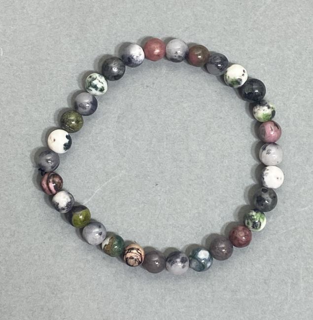 Bracelet with rhodonite, jasper, and labradorite, smooth beads, 6mm diameter, 18 cm length, stretch