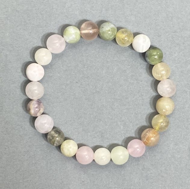 Bracelet with Rose Quartz Hair Quartz and Agate, smooth beads, 8 mm diameter, 18 cm length, stretch