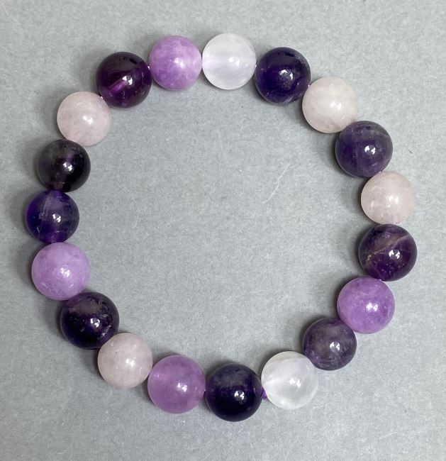 Bracelet with Amethyst Beads 9.5–10 mm, Bilomorit, and Pink Quartz Beads 10 mm, 18 cm stretch