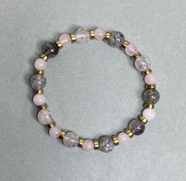 Bracelet with Pink Quartz Beads 6mm, Herkimer Quartz Beads 8mm, Hematite Rondels 5x2mm, 18cm Stretch