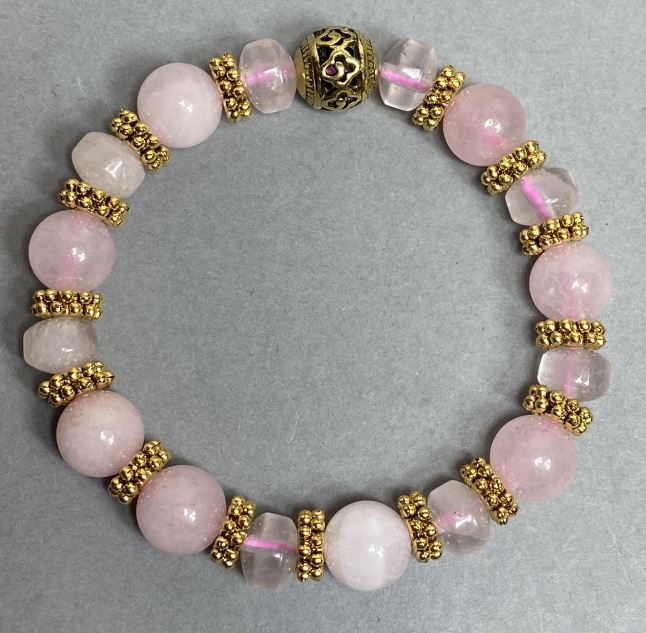Rose Quartz Bracelet with 10mm Round Beads and 9×6.5mm Rondelles, with Metal Accents, 18 cm Elastic