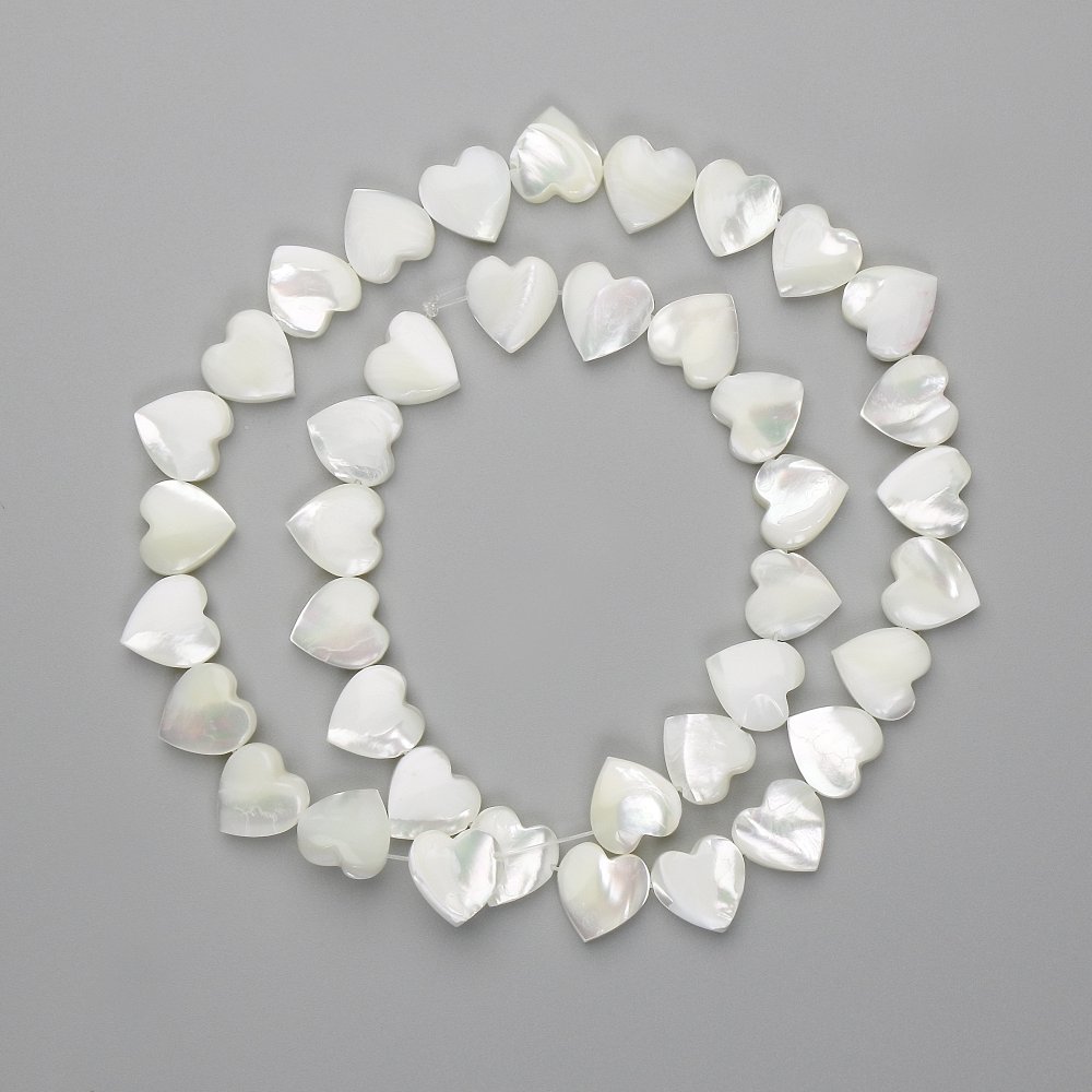 Mother-of-Pearl Heart Beads, 10 mm Diameter, 40 cm Thread Length