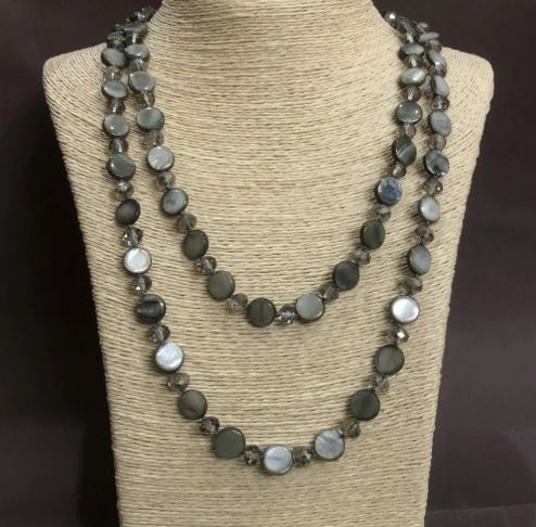 Long Necklace Gray Mother-of-Pearl Coin Beads, 120 cm