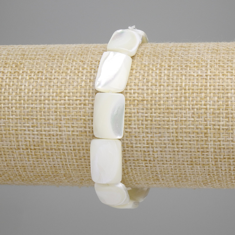 Mother-of-Pearl Bracelet, Rectangular Beads, 15x10 mm, 18 cm length, Stretch