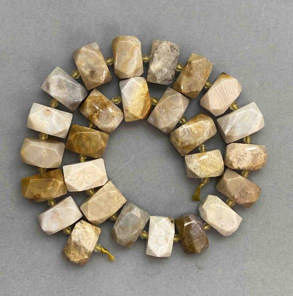 Fossilized Coral Beads, Faceted, 16–19×11–12 mm, with 4 mm Seed Beads, 40 cm Length, on a Thread